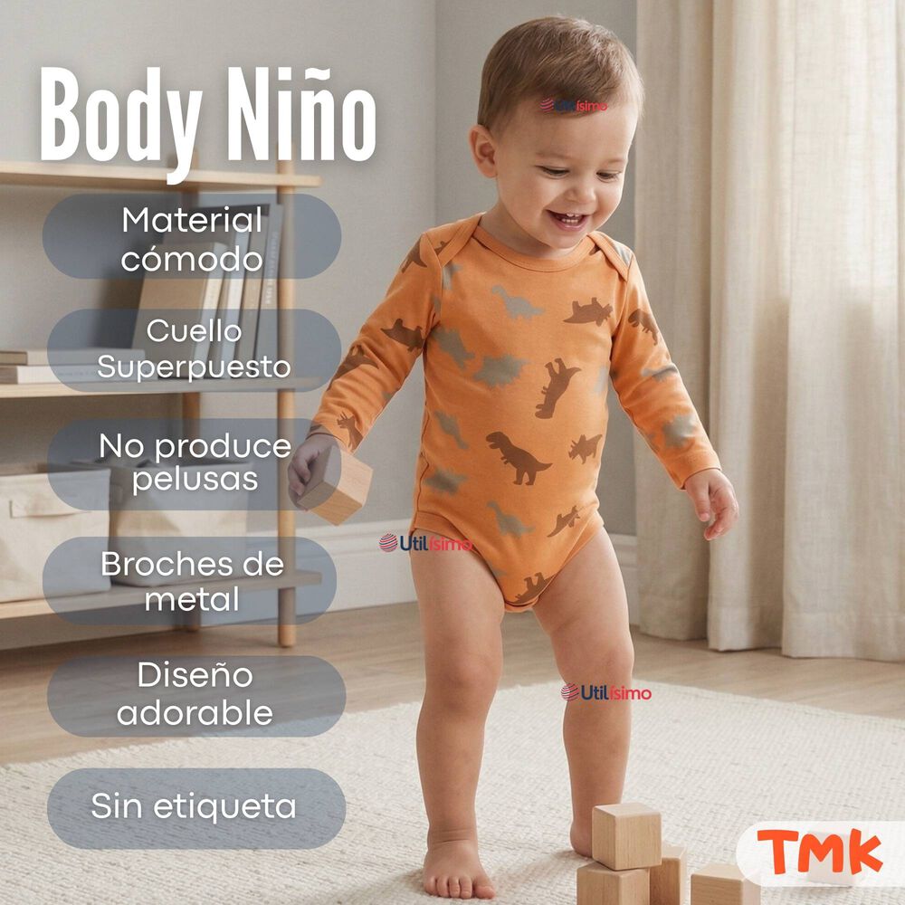 Pack 5 Bodys Manga Larga 100% Algod&oacute;n Beb&eacute; Ni&ntilde;o Dino Aventure image number 3.0