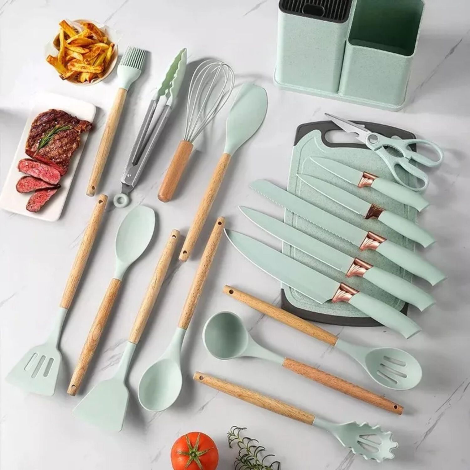 Set 19 Utensilios Cocina Silicona Acero Inoxidable Verde image number 4.0