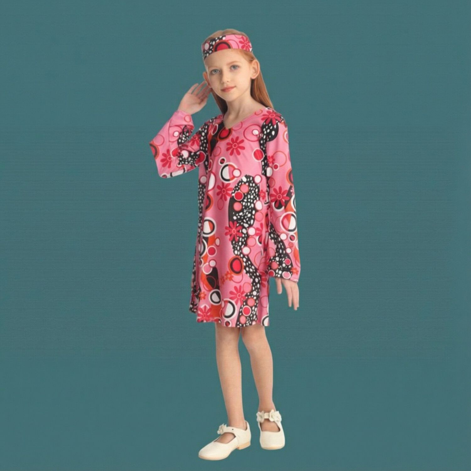 Disfraz Hippie Ni&ntilde;a A&ntilde;os Sesenta Con Vestido Psicod&eacute;lico Para Carnaval, Halloween, Fiesta Tem&aacute;tica Y Teatro image number 0.0