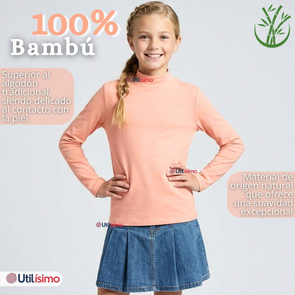 Polera Camiseta Bamb&uacute; Salm&oacute;n Cuello Beatle Primera Capa Manga Larga Ni&ntilde;a image number 3.0