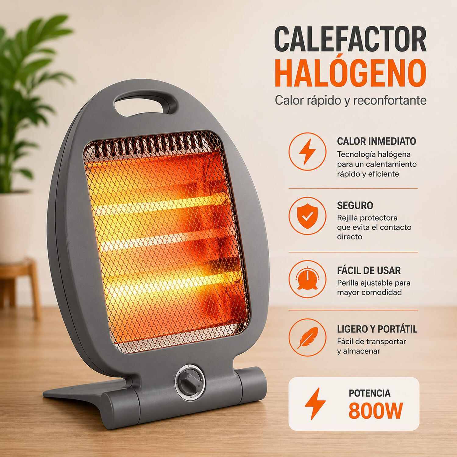 Calefactor El&eacute;ctrico Hal&oacute;geno Port&aacute;til Estufa 800w Rejilla image number 3.0