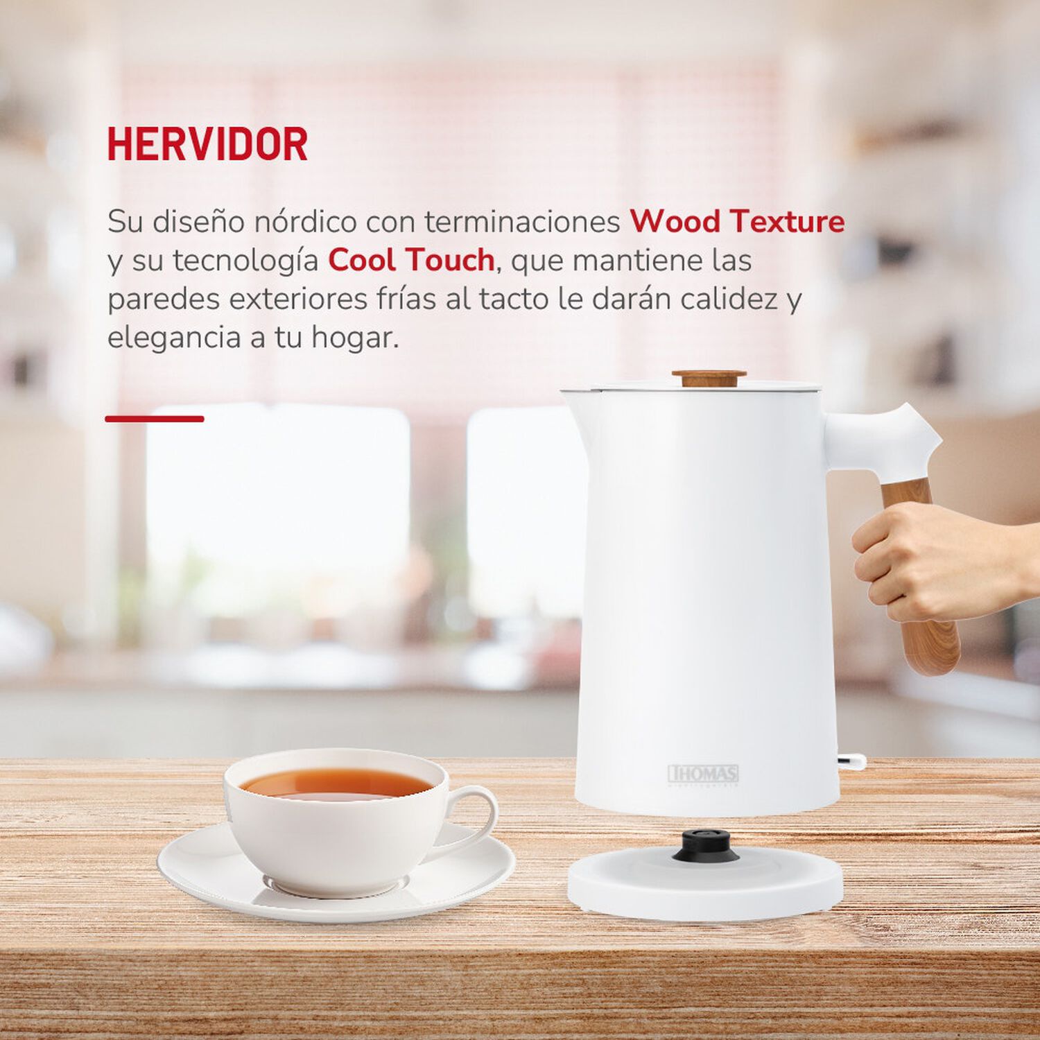Hervidor El&eacute;ctrico Thomas Th6250b Cool Touch 1,7 Litros 2200w Tetera Jarro El&eacute;ctrico Dise&ntilde;o N&oacute;rdico Wood Texture Exterior Fr&iacute;o Al Tacto Interior Acero image number 3.0
