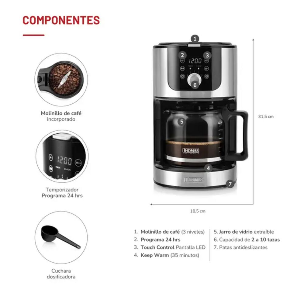 Cafetera 10 Tazas Molinillo Thomas Th-145dmi Mantiene Calor image number 5.0