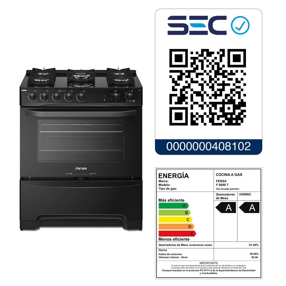 Cocina A Gas 5 Platos Fensa Vaporbake F 6000 T Negra image number 13.0