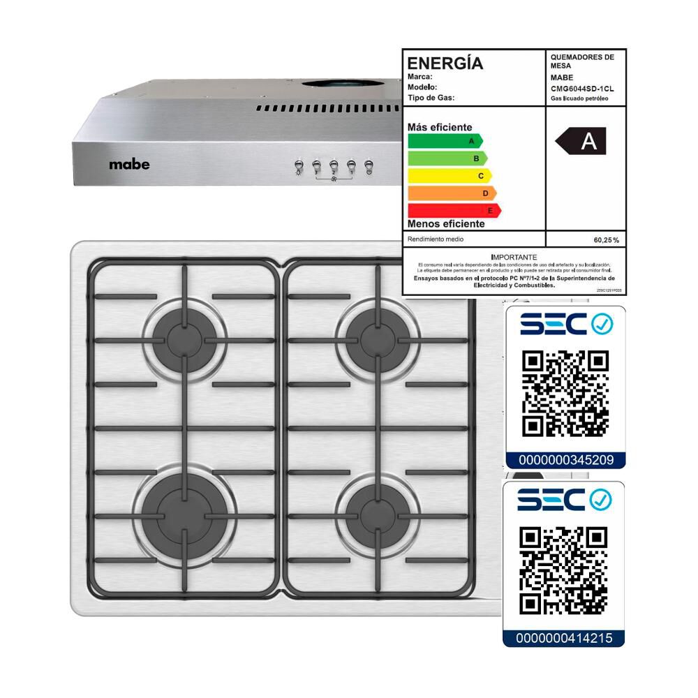 Kit Cocina Mabe Campana CM6045XV0 / Encimera CMG6044SD-1CL  / 4 Quemadores image number 8.0