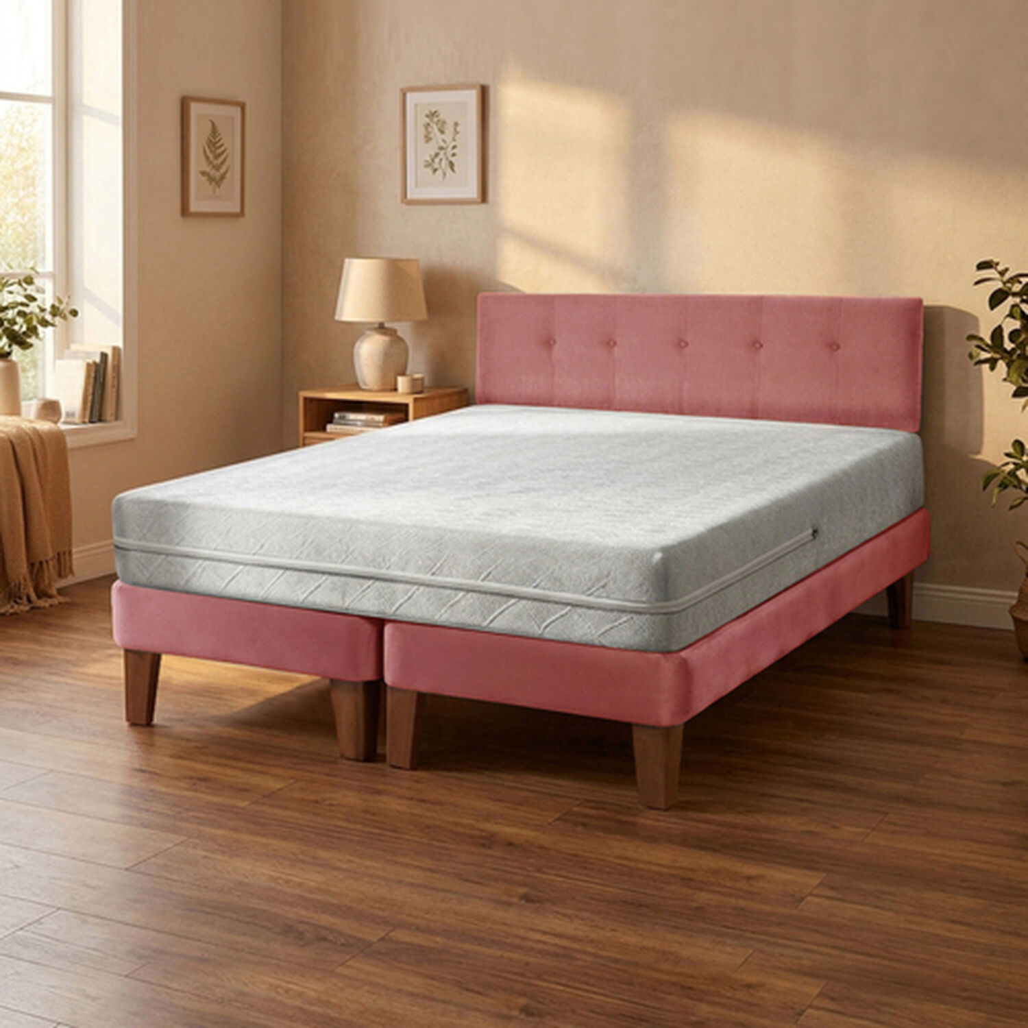 Cama Europea Zen Best 2 Plazas 190 Cm Colchon Espuma Con Funda Velvet Palo Rosa + Respaldo image number 1.0