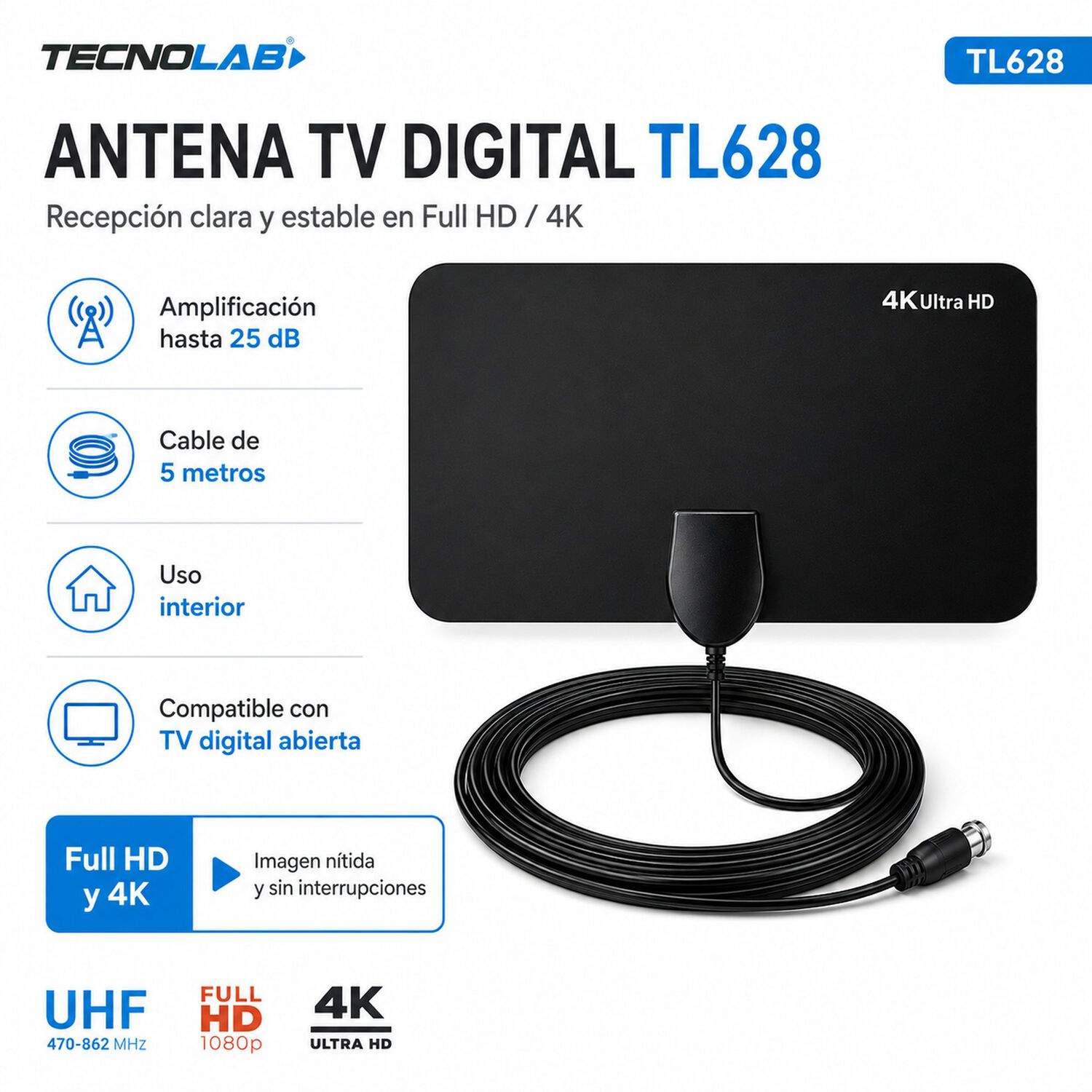 Antena De Tv Digital Ultra Hd 4k/ Fhd De Alta Ganancia Tl628 image number 4.0
