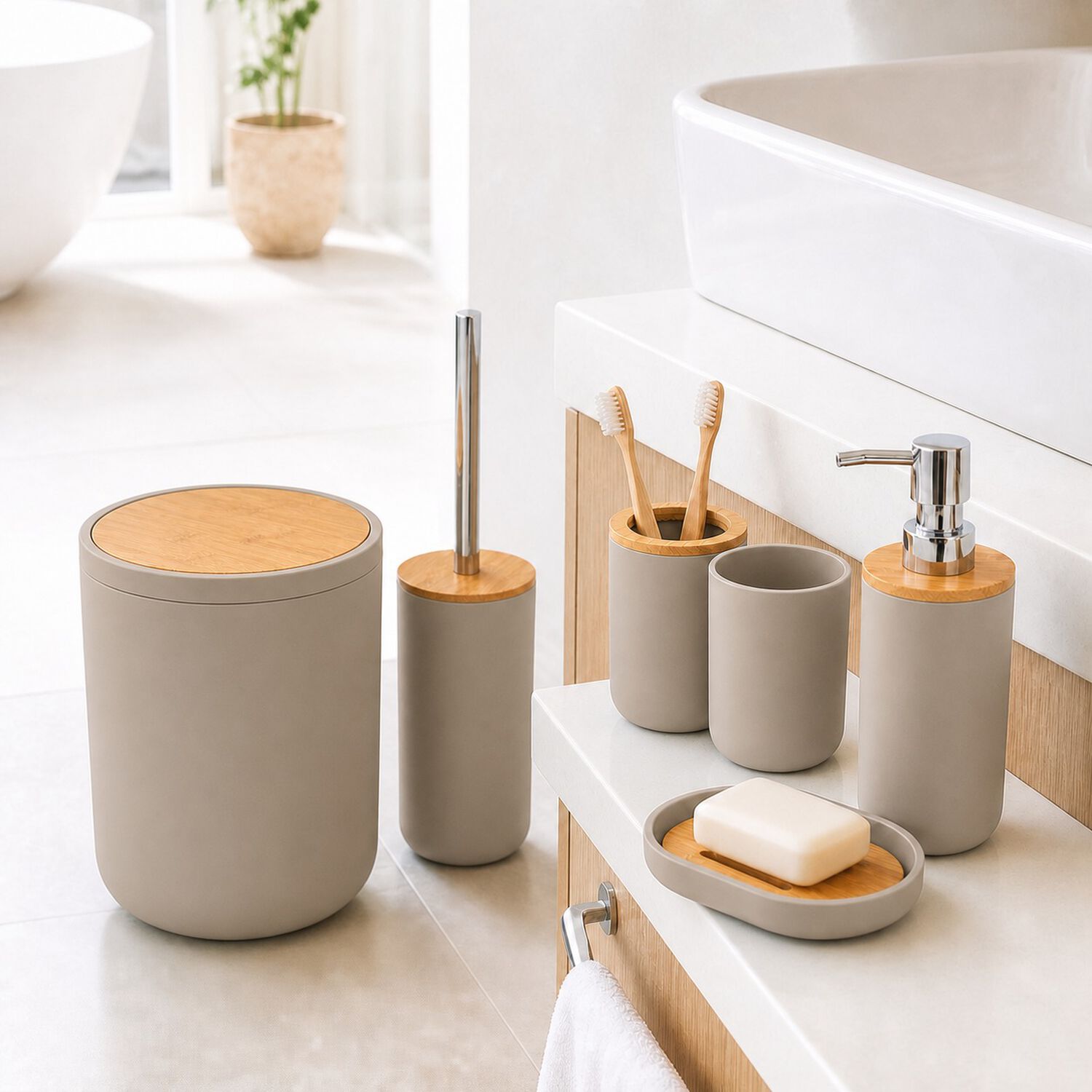 Set De Ba&ntilde;o Completo 6 Piezas De Abs Y Bambu Color Taupe Con Basurero Dispensador Y Escobilla image number 5.0
