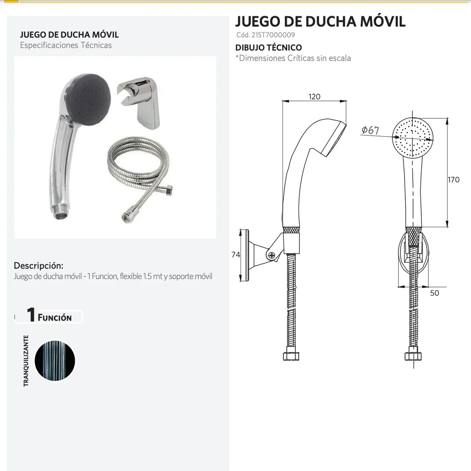 Juego De Ducha M&oacute;vil De 1 Funcion Con Flexible 1.5 Mt Y Soporte M&oacute;vil Marca Stretto image number 6.0