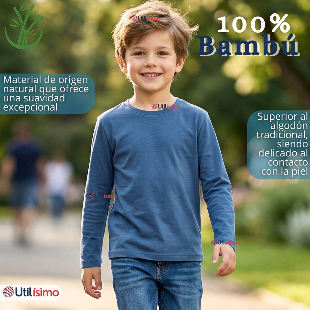 Polera Camiseta Bamb&uacute; Azul Claro Cuello Redondo Primera Capa Manga Larga Ni&ntilde;o image number 3.0
