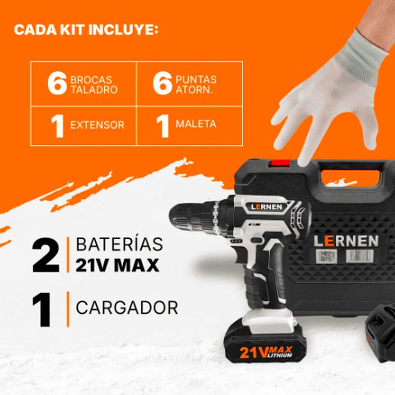 Kit Taladro Destornillador Inal&aacute;mbrico Lernen 21v + 2 Bater&iacute;as Color Gris image number 2.0