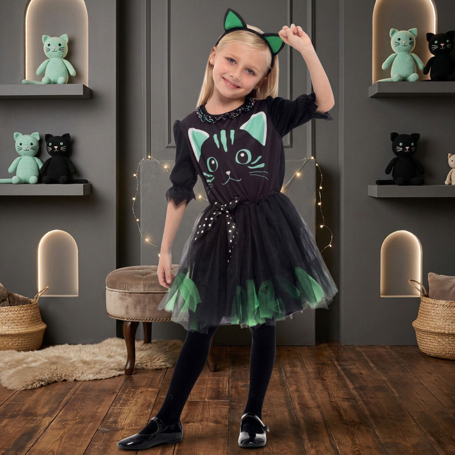 Disfraz Infantil Gato Verde Vestido Ni&ntilde;a image number 9.0