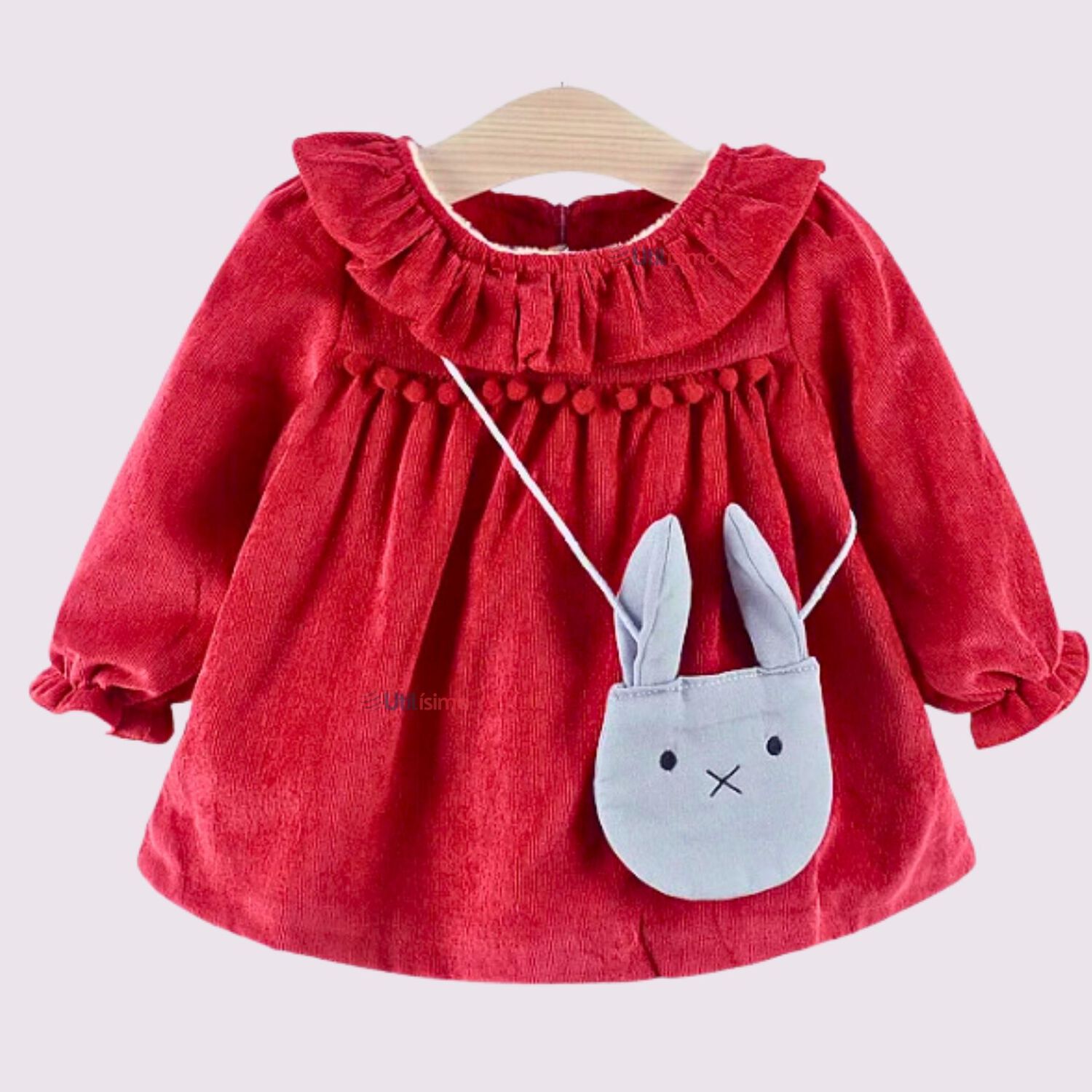 Vestido De Cotel&eacute; Con Bolso Conejo Forrado En Plush Ni&ntilde;a Color Rojo image number 0.0