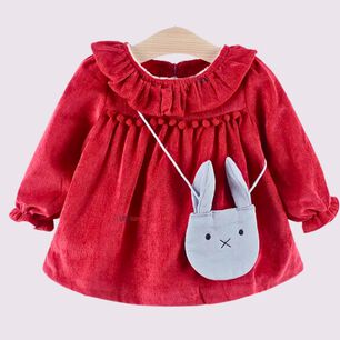 Vestido De Cotel&eacute; Con Bolso Conejo Forrado En Plush Ni&ntilde;a Color Rojo