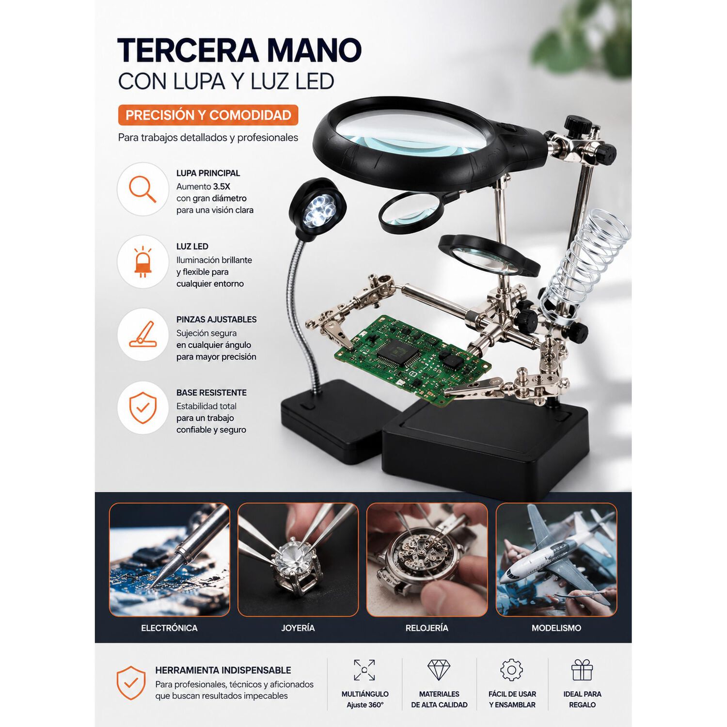 Lupa Brazo Escritorio Soporte Pinza Luz Led Tercera Mano image number 6.0