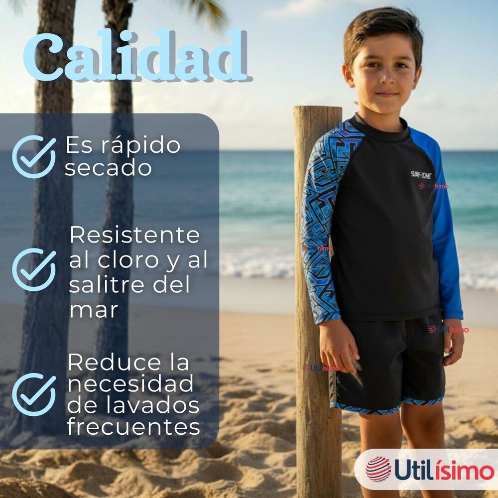 Traje De Ba&ntilde;o Manga Larga Pantal&oacute;n Corto 2 Piezas Corte Split Ni&ntilde;o 3 A 11 A&ntilde;os Black image number 7.0