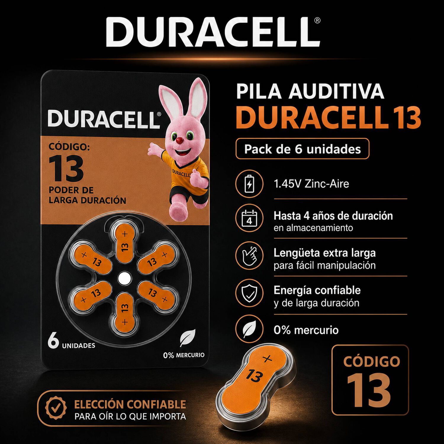 Pila Duracell 13 De Audiolog&iacute;a De Larga Duraci&oacute;n (pack De 6) image number 3.0