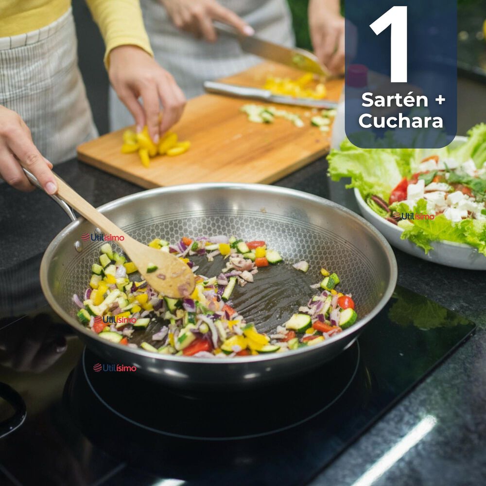 Sartén Wok Acero Inoxidable Antiadherente 34cm +cuchara De Madera Bambú image number 0.0