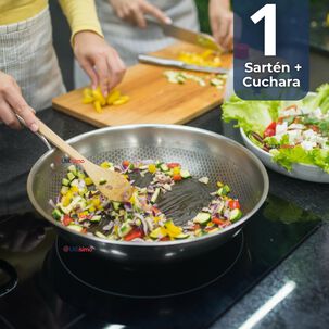 Sartén Wok Acero Inoxidable Antiadherente 34cm +cuchara De Madera Bambú