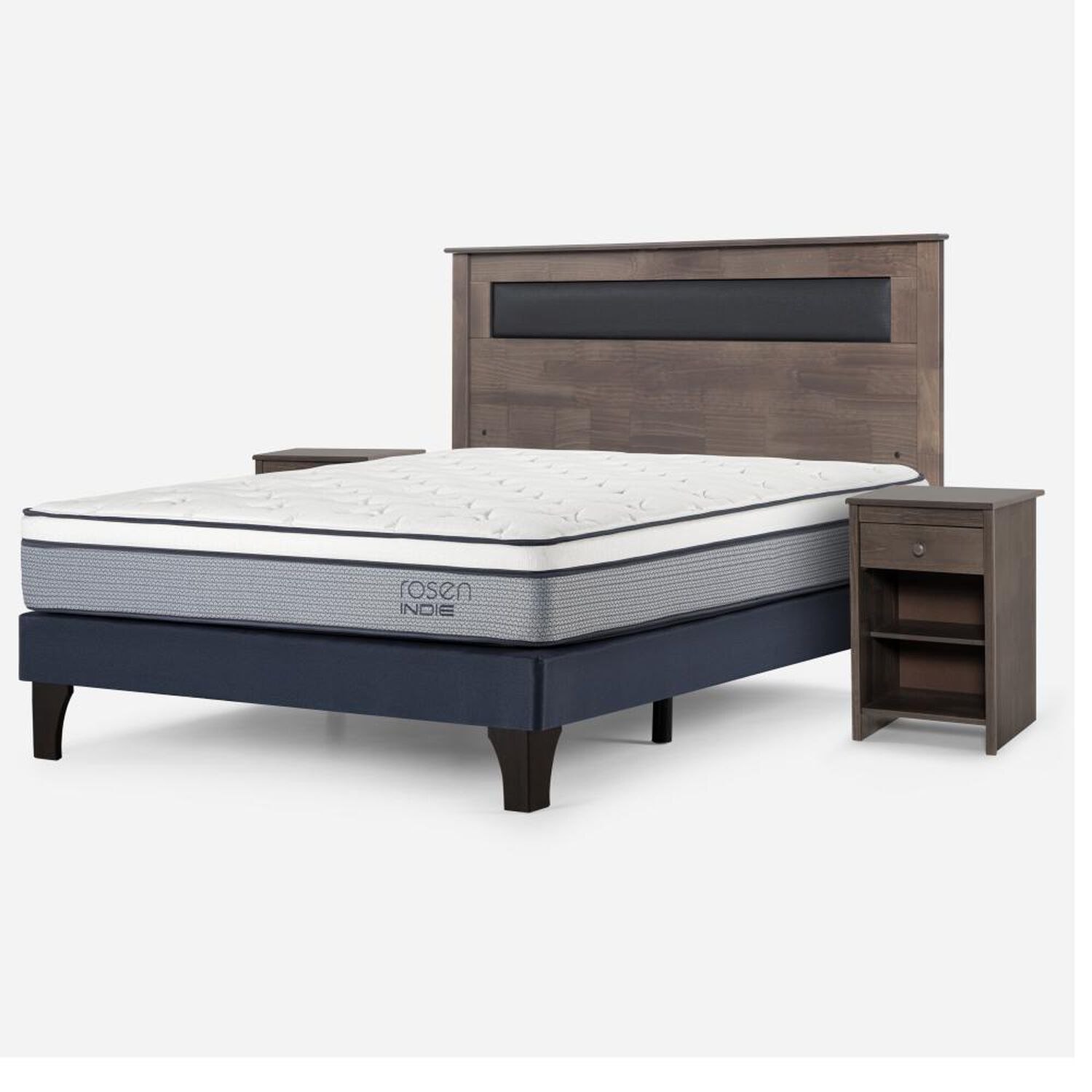 Cama Europea Rosen Indie / 2 Plazas / Base Normal  + Set Maderas Ferrara Gris image number 1.0
