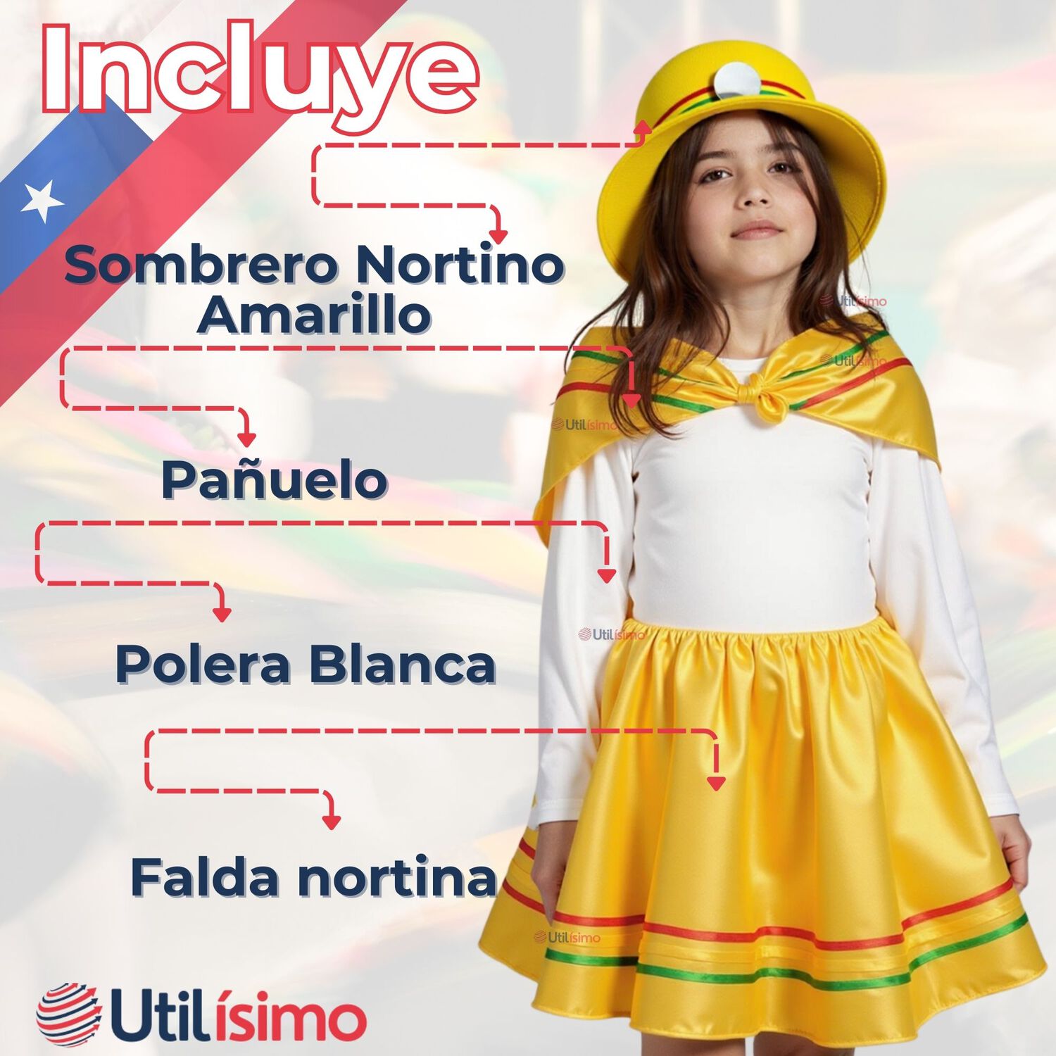 Traje Nortino Ni&ntilde;a 4 Piezas Fiestas Patrias Baile Nortino Amarillo image number 2.0