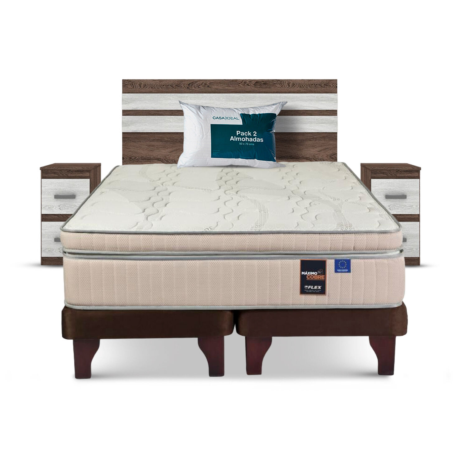 Cama Europea Flex M&aacute;ximo Cobre / 2 Plazas / Base Dividida + Set De Maderas Madrid + Pack de Almohadas Casaideal 50x70 Cm image number 0.0
