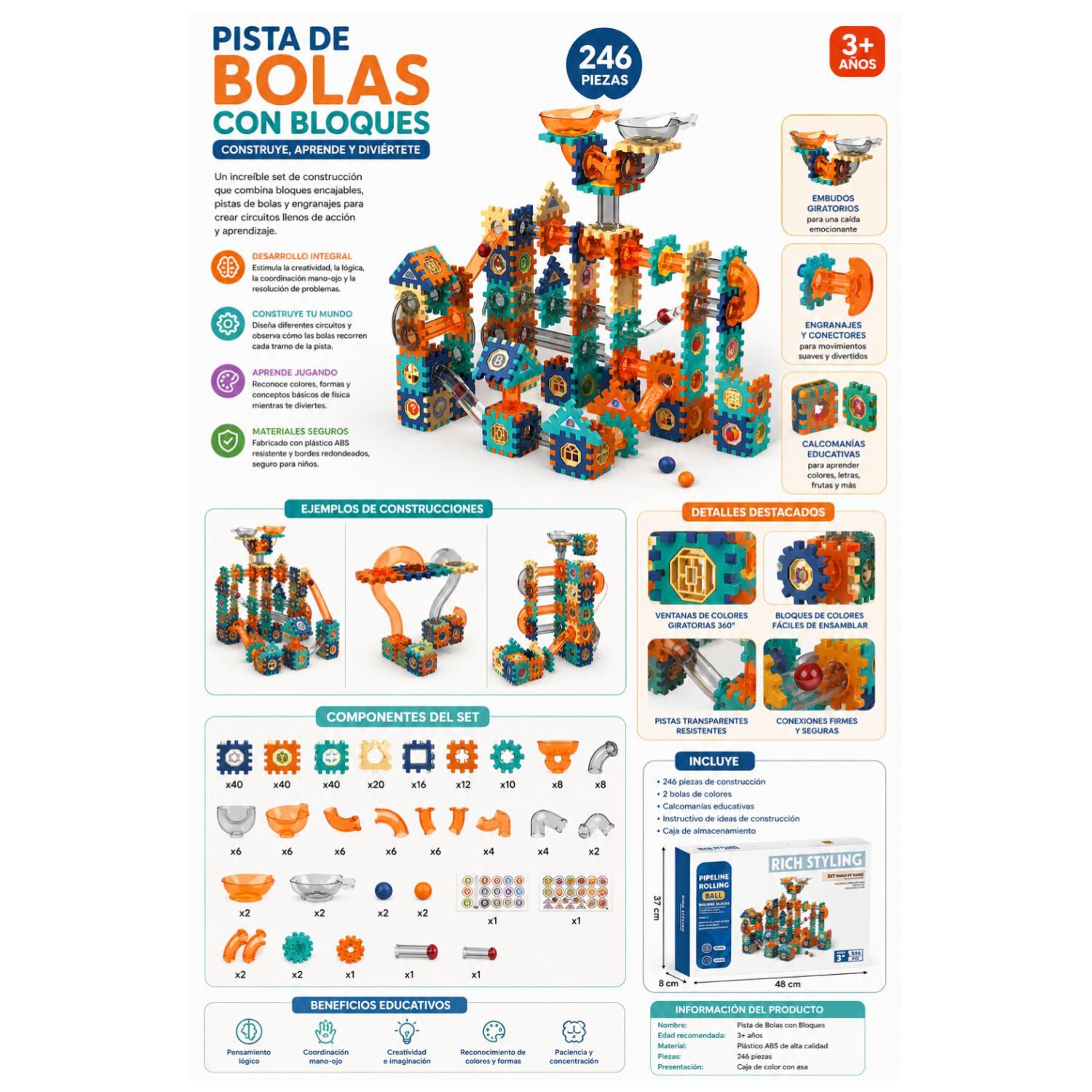Juguete Bloques Magnetios Pistas De Bolitas 246pzas Infantil image number 5.0