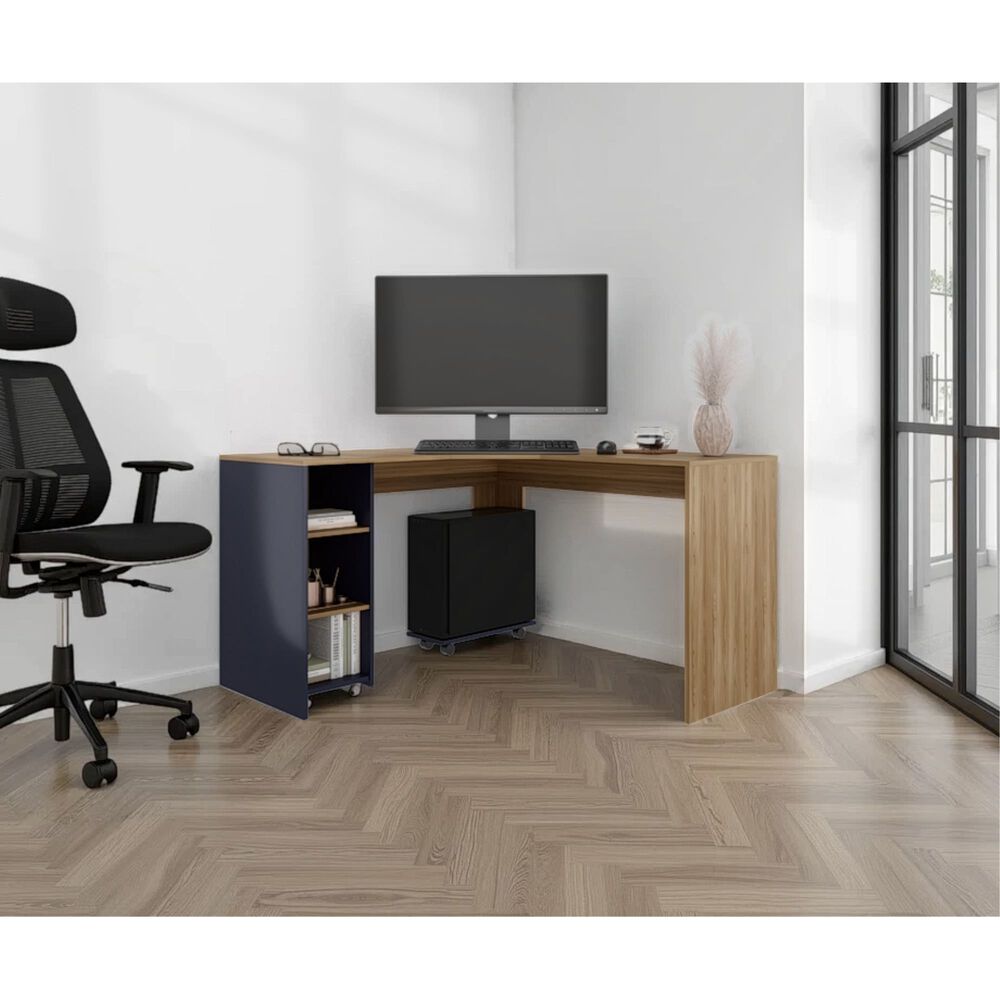 Escritorio En L Con Base Para Cpu Caf&eacute; Claro Y Azul 76,5x130x130 Cm image number 4.0