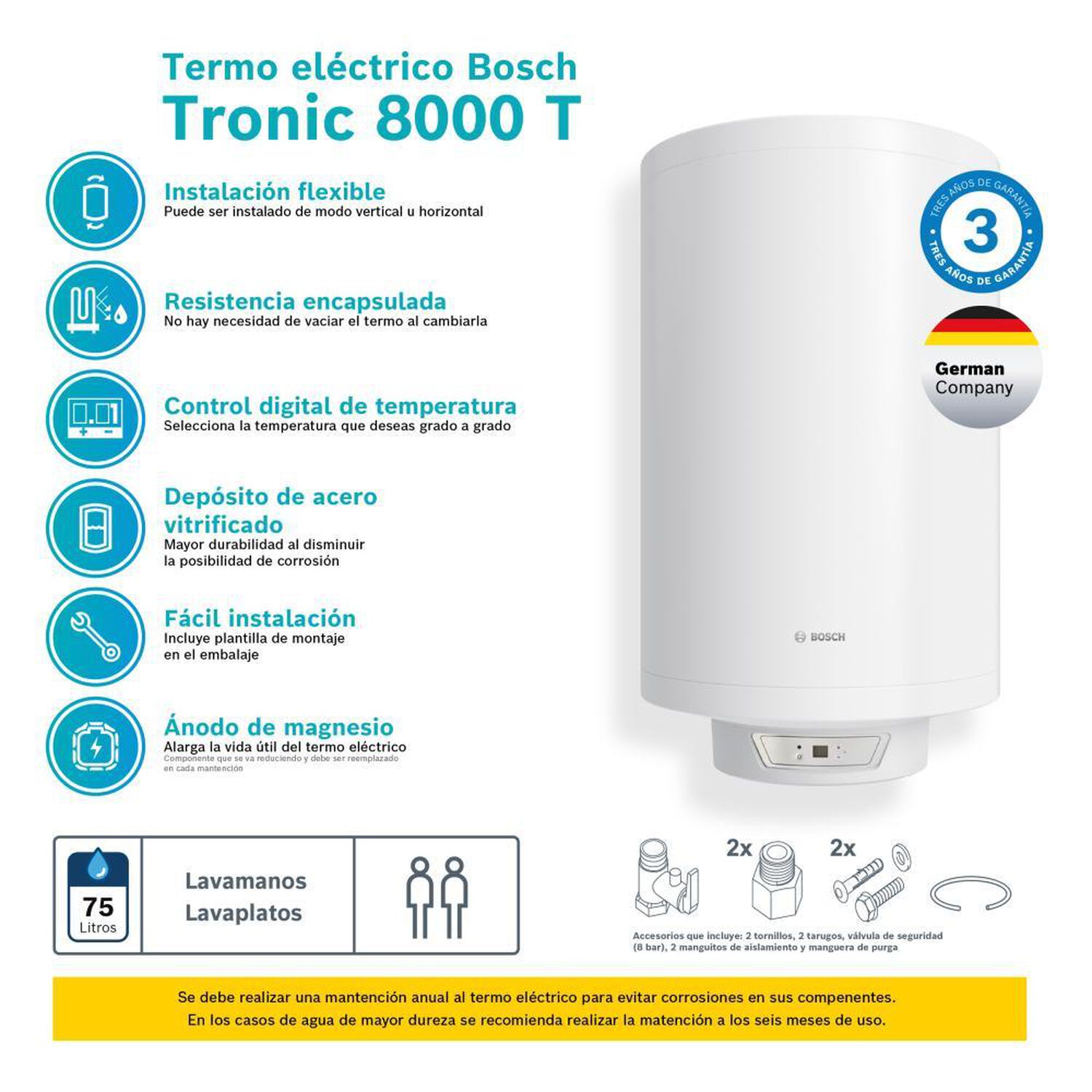 Termo El&eacute;ctrico Bosch  Tr 8000T / 75 Litros image number 2.0