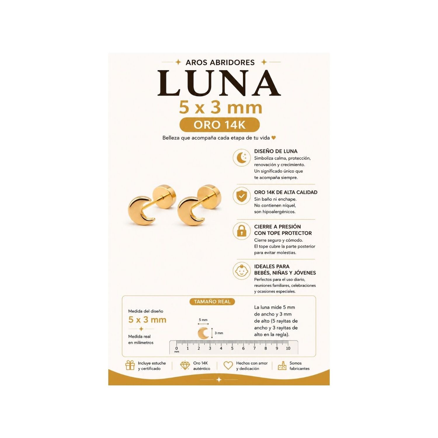 Aros Abridores Luna 5x3mm Oro 14k Beb&eacute; Ni&ntilde;a Juvenil Dorado image number 5.0