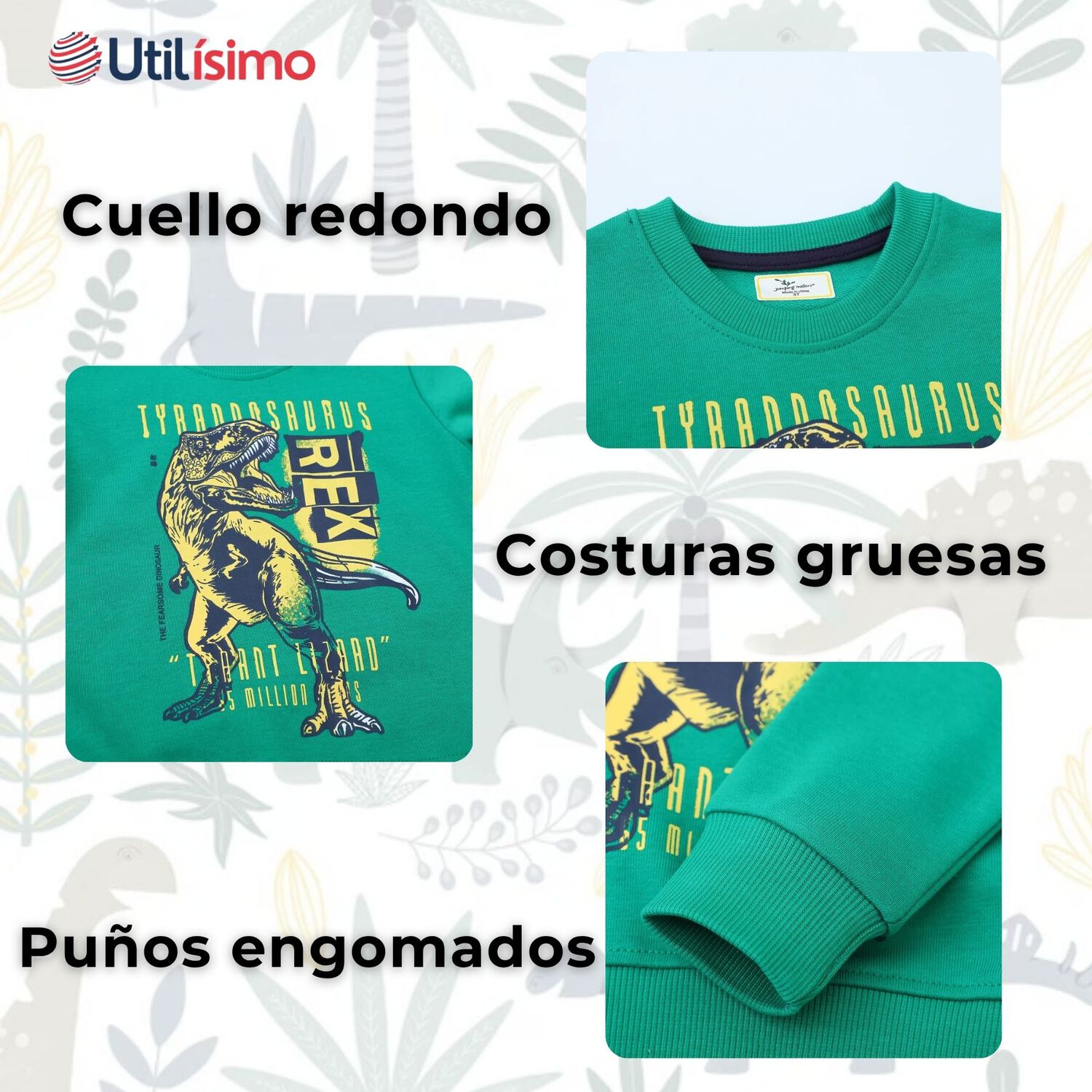 Poler&oacute;n Ni&ntilde;o Manga Larga 100% Algod&oacute;n Verde Dinosaurio image number 3.0