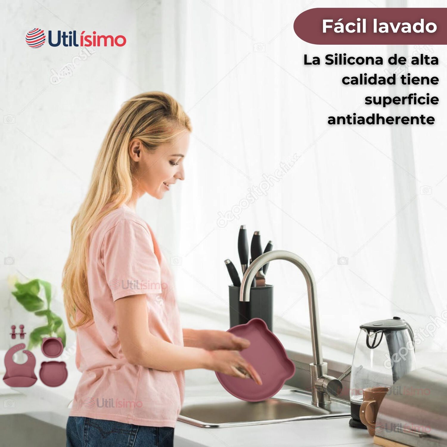 Set De Alimentaci&oacute;n Beb&eacute; Silicona 5 Piezas De Osito Libre Bpa Rosa image number 5.0