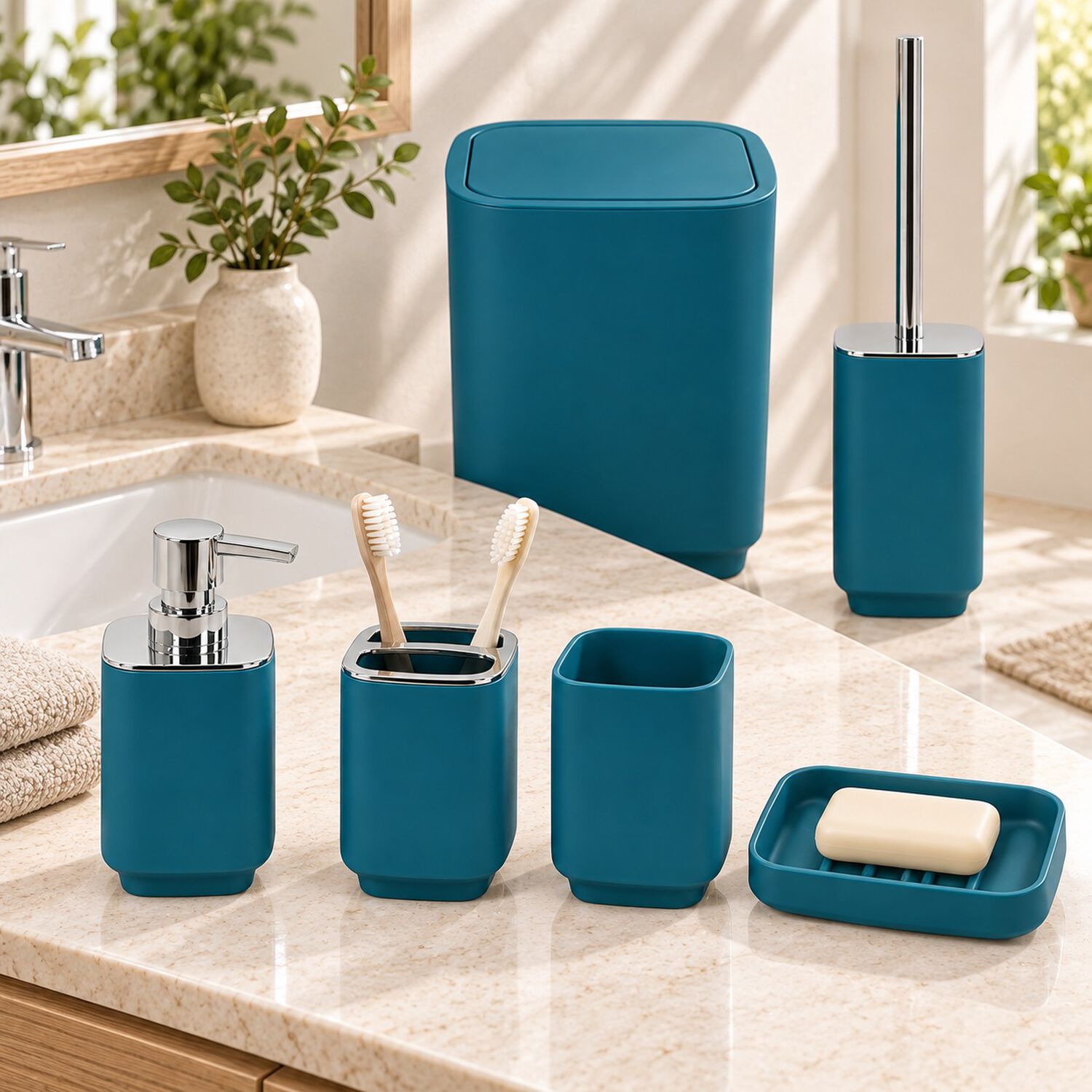Set De Ba&ntilde;o Completo 6 Piezas De Abs Con Basurero Dispensador Y Escobilla Color Turquesa image number 2.0