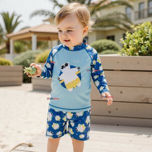 Traje De Ba&ntilde;o Manga Larga Pantal&oacute;n Corto 2 Piezas Corte Split Ni&ntilde;o 3 A 9 A&ntilde;os Blue Polar Bear