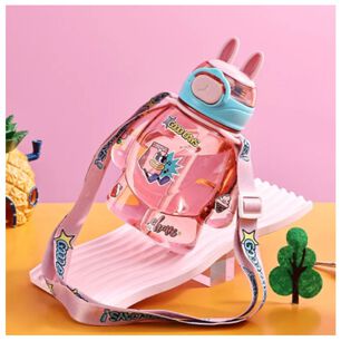 Botella Pl&aacute;stica 650ml Con Correa Y Orejitas Estilo Kawai Sin Bpa Ni&ntilde;os Pink