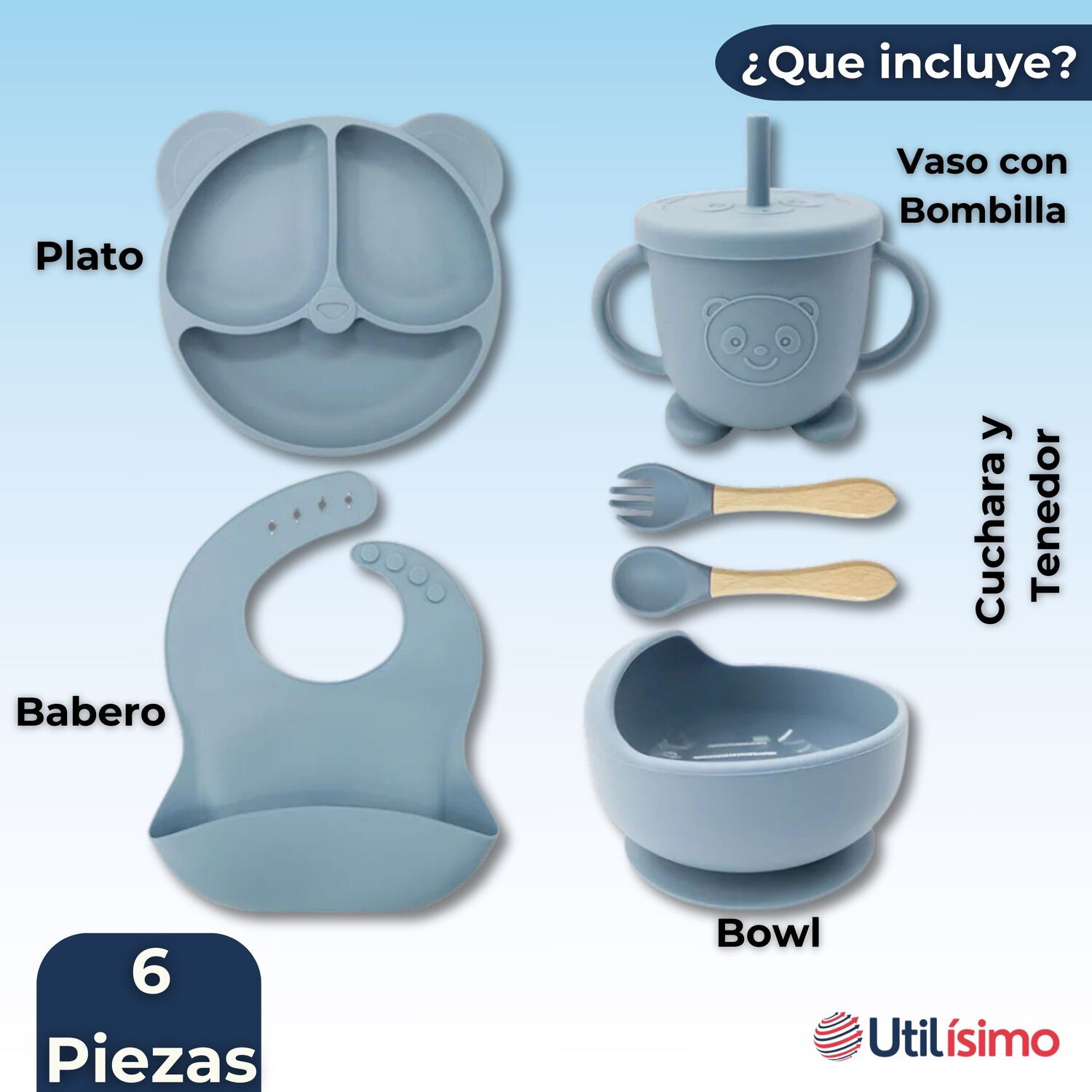 Set De Alimentaci&oacute;n Beb&eacute; Silicona De Oso 6 Piezas Libre Bpa Color Celeste image number 6.0