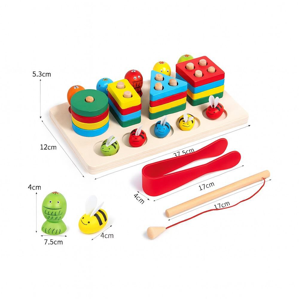 Juego De Madera 3x1 Motricidad Fina Encaje Pesca Y Abejas Montessori image number 2.0