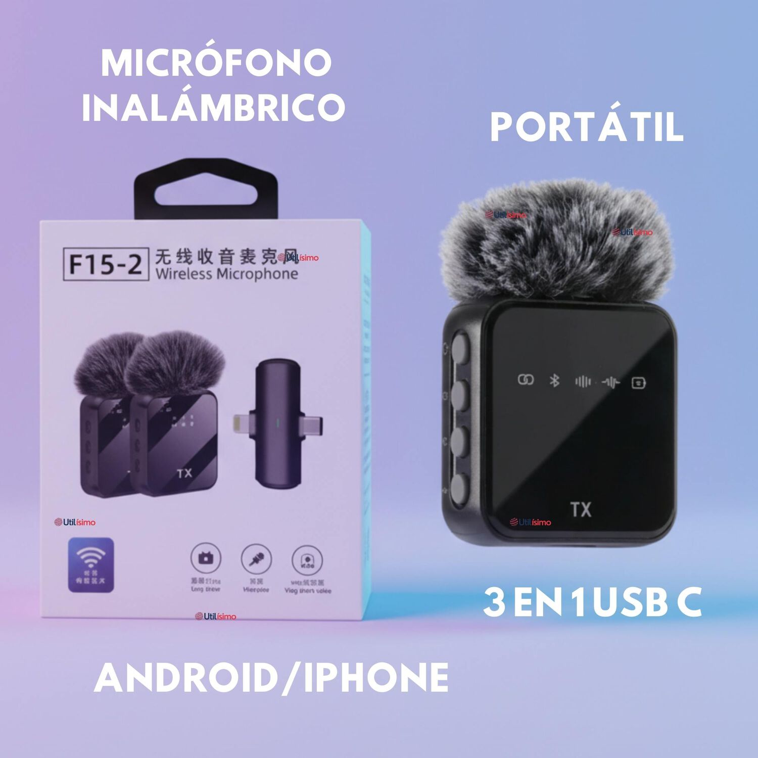 Pack 2 Micr&oacute;fonos Inal&aacute;mbrico 3 En 1 Para Celular Iphone Android Profesional Lavalier image number 3.0