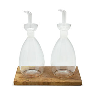 Set 2 Alcuza Vidrio Con Base Madera Wayu