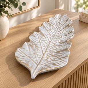 Bandeja Decorativa Forma Hoja Mdf Blanco Y Dorado 38 Cm