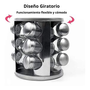 Rack Condimentero Giratorio Plateado 12 Piezas Especiero