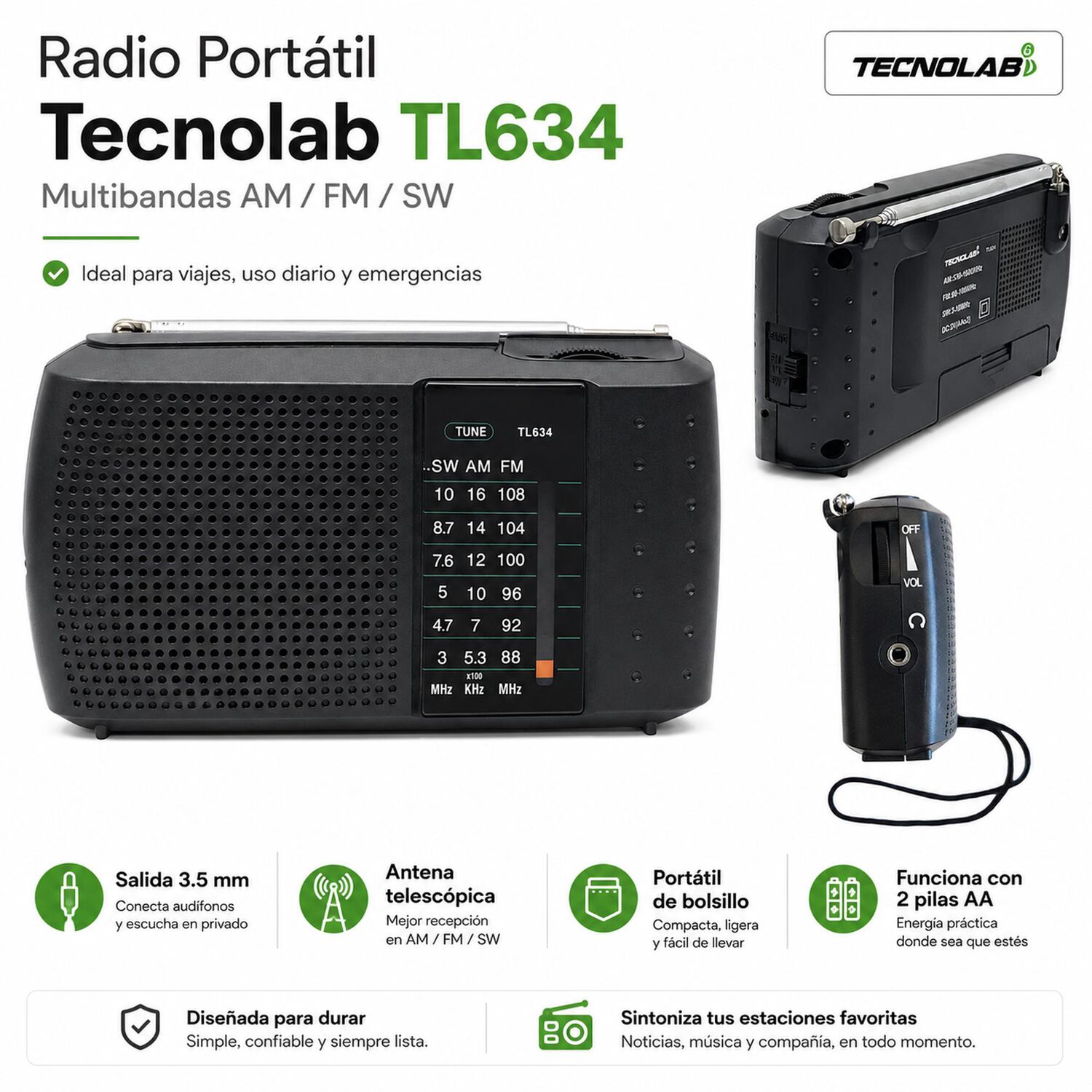 Radio Port&aacute;til De Bolsillo Multibandas Am/ Fm / Sw Tl634 image number 6.0