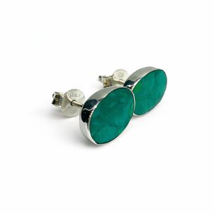 Aros Crisocola Ovalado Plata 950 Tornillo Mariposa Mujer Elegantes Piedra Azul