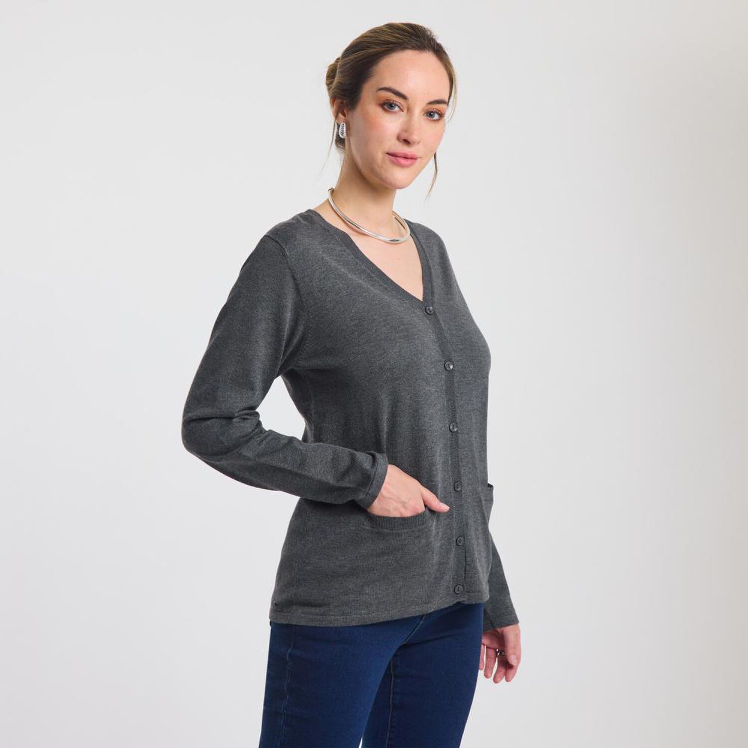 Sweater Abotonado Con Bolsillos Manga Larga Cuello V Mujer Lesage image number 2.0
