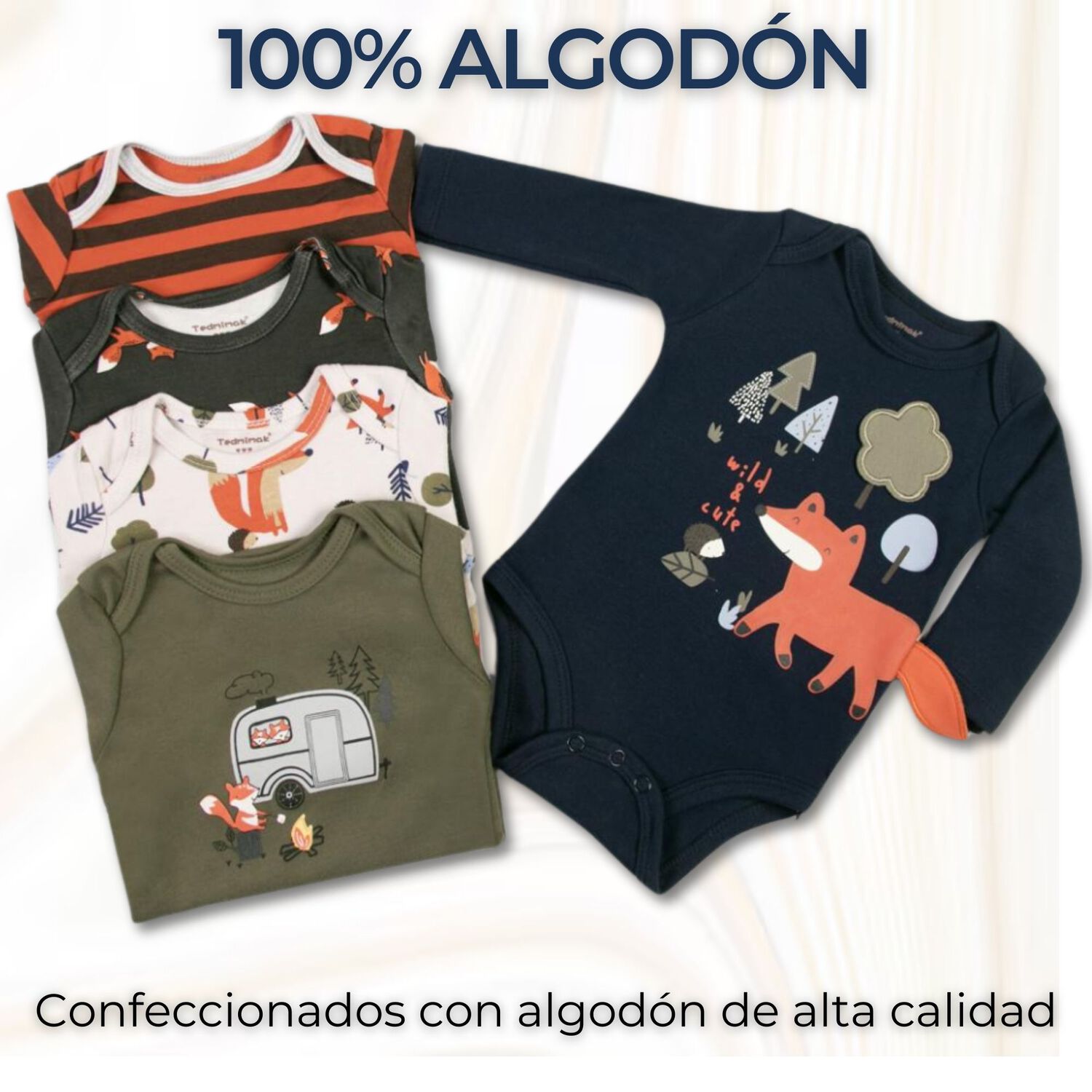 Pack 5 Bodys Ni&ntilde;o Manga Larga Tedmimak 100% Algod&oacute;n Happy Fox image number 1.0