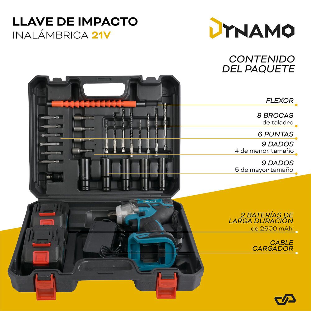 Llave De Impacto Inal&aacute;mbrica Dynamo 21v + 2 Baterias Y Acss image number 3.0