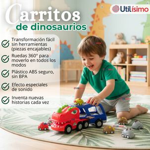 Cami&oacute;n Dinosaurio Con M&uacute;sica Luces Funci&oacute;n De Spray + 8 Mini Coches