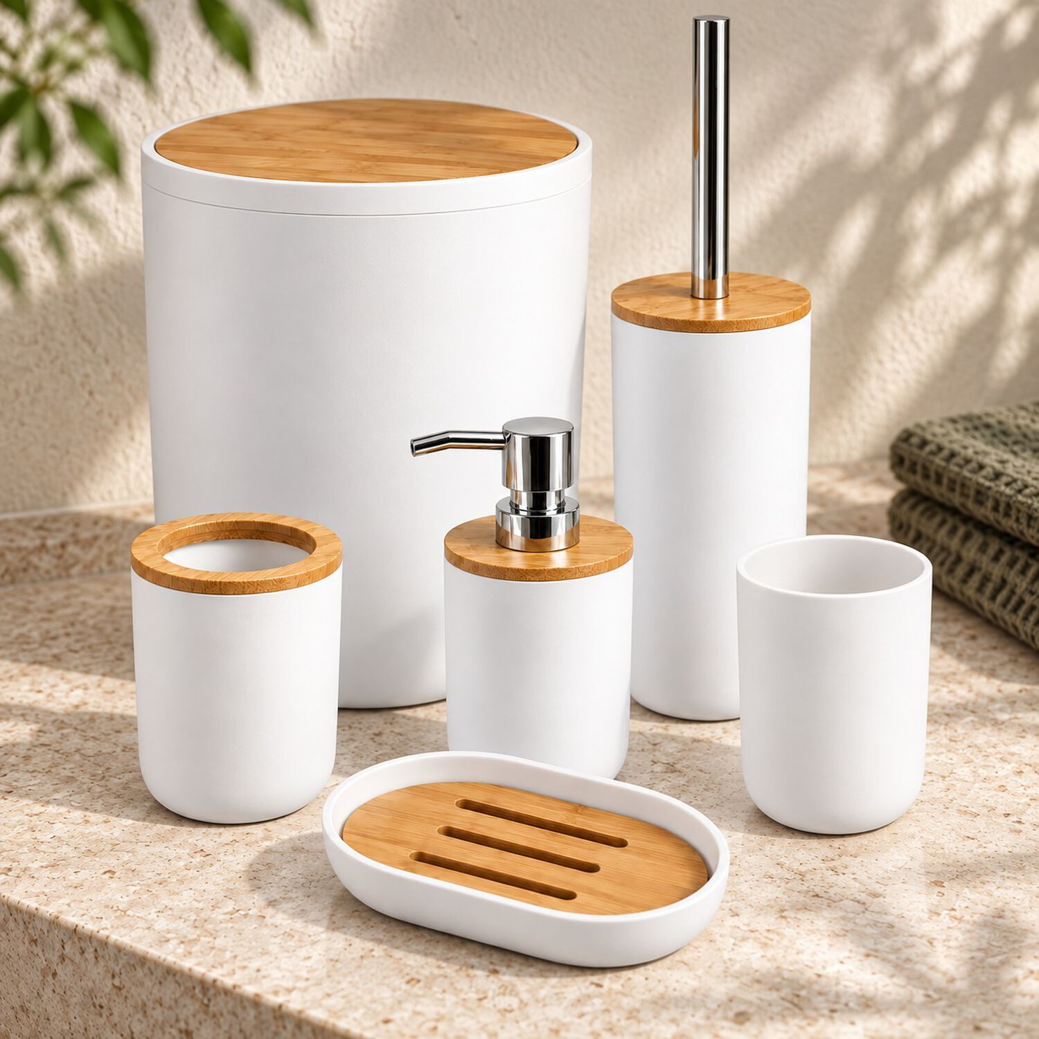 Set De Ba&ntilde;o Completo 6 Piezas De Abs Y Bambu Con Basurero Dispensador Y Escobilla Color Blanco image number 1.0