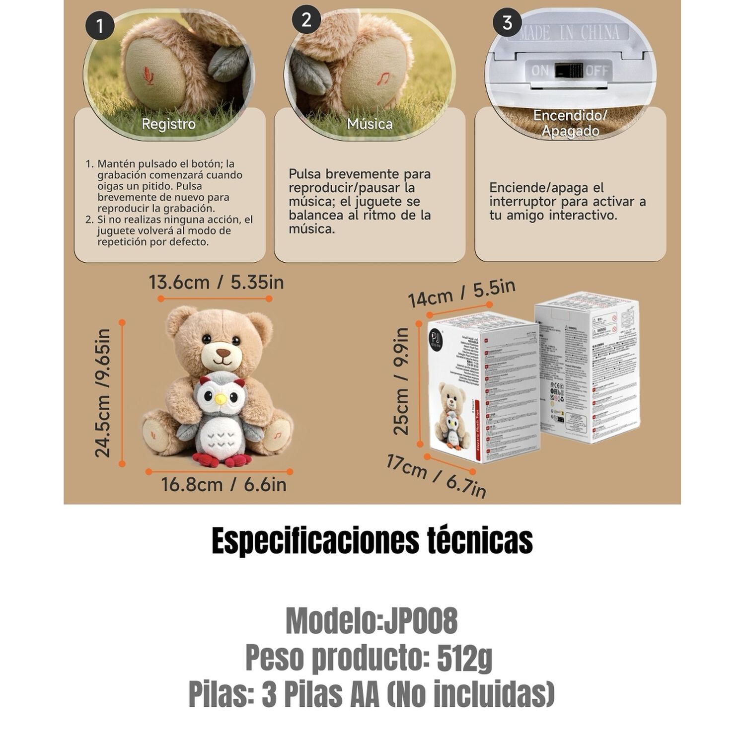 Peluche Interactivo Oso Musical Grabaci&oacute;n Jp008 Lubabycas image number 6.0
