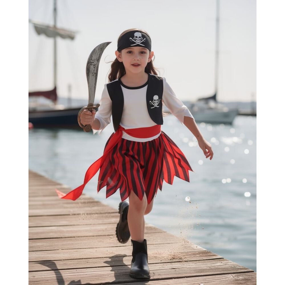 Disfraz Infantil Pirata Para Ni&ntilde;a Chile - Traje Completo Con Falda Roja, Blusa Blanca Y Chaleco Negro image number 2.0
